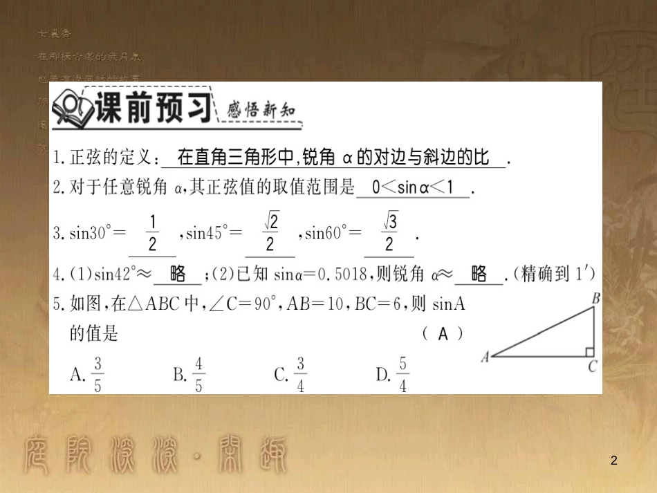 九年级数学上册 第4章 锐角三角函数 4.1.1 正弦习题课件 （新版）湘教版_第2页