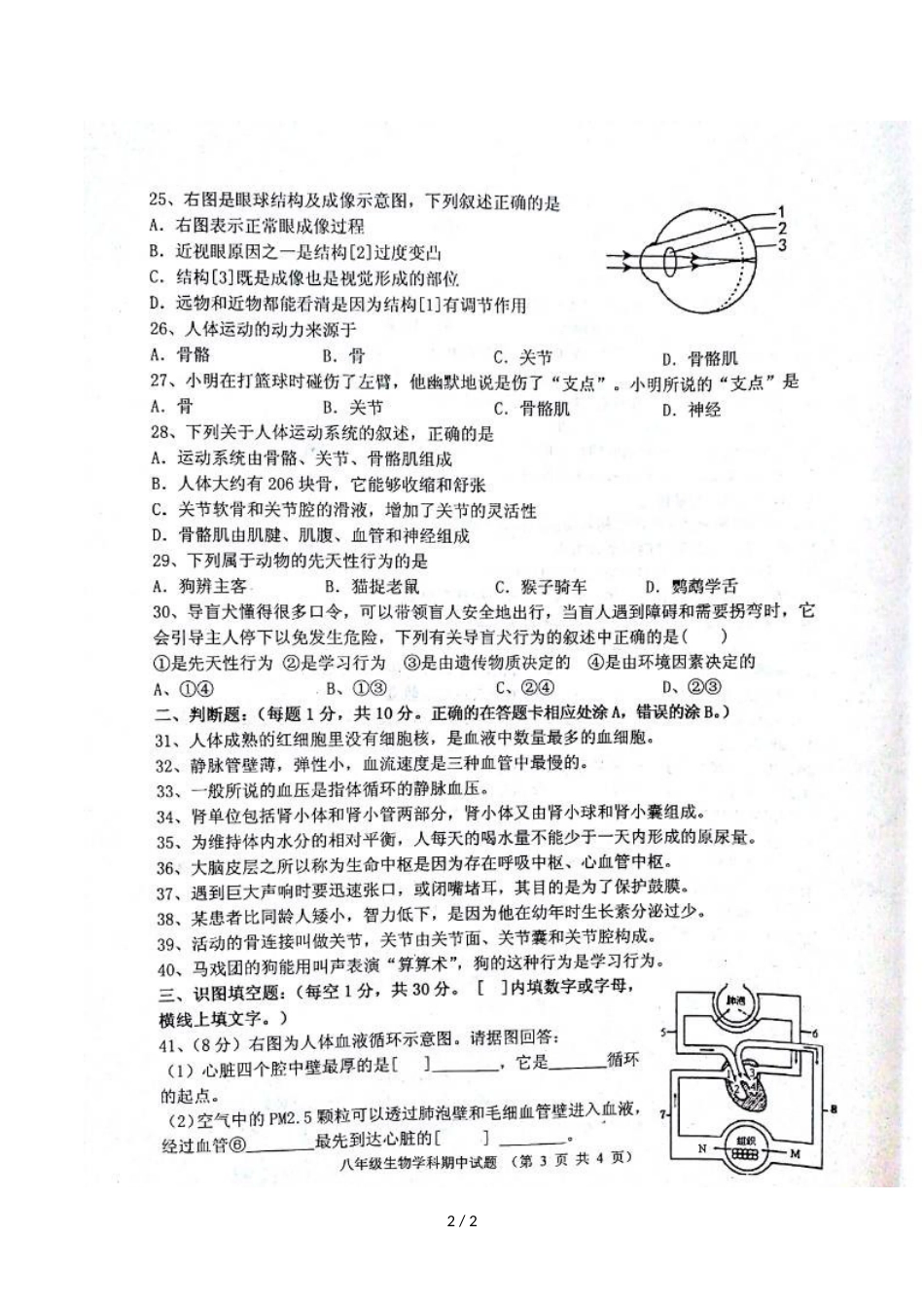 江苏省徐州市贾汪区度八年级第一学期生物试卷（，）_第2页