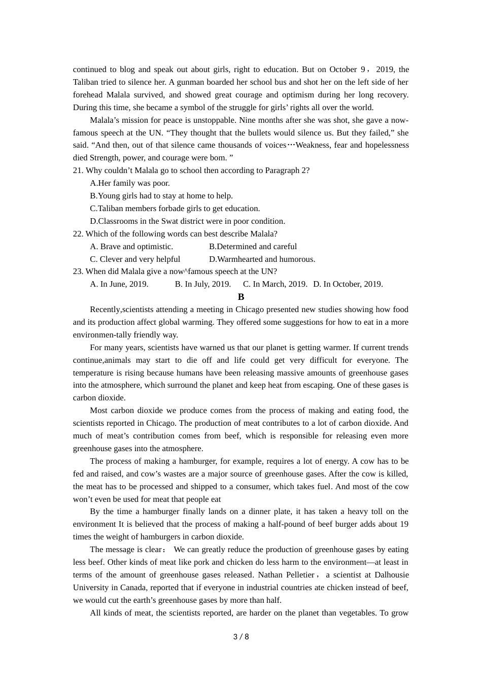 江西省玉山县第二中学高二上学期第一次月考英语试题（无答案）_第3页