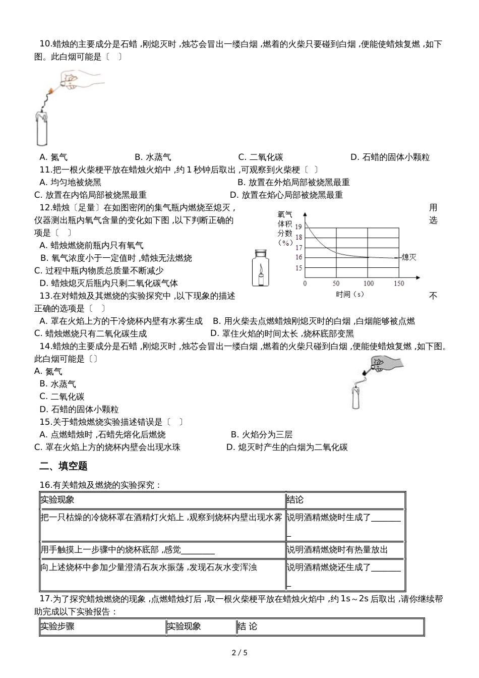 九年级化学：专题：“蜡烛燃烧实验”知识拓展练习题（无答案）_第2页