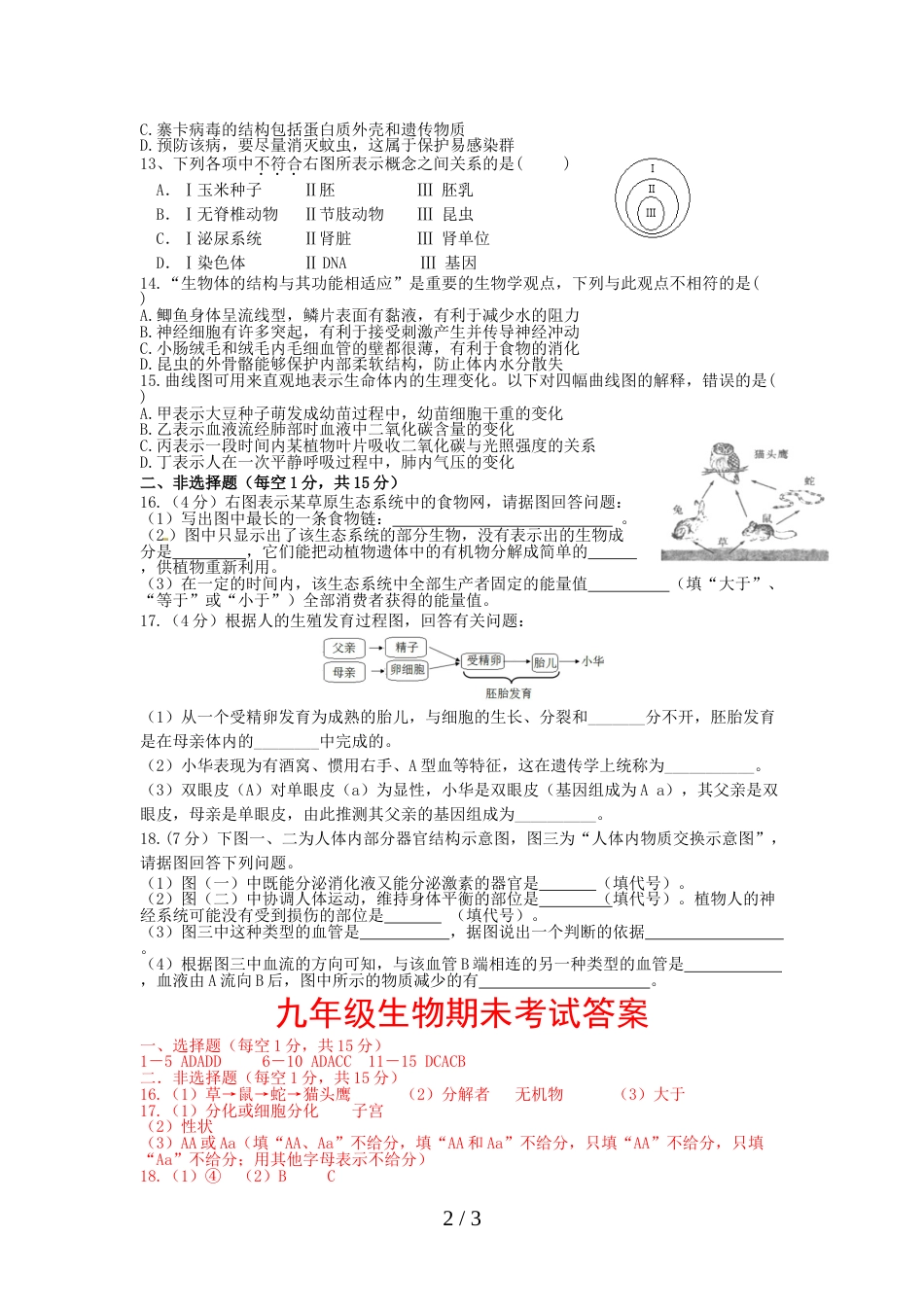 江西省安福县上学期九年级生物期末考试试题_第2页