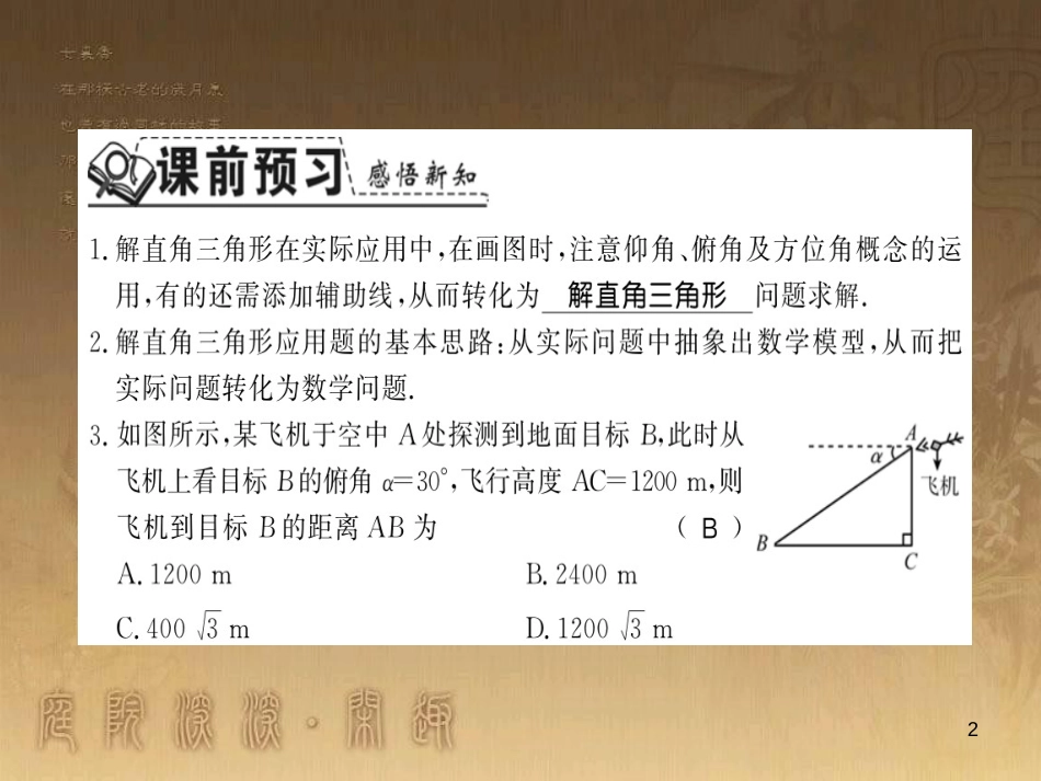 九年级数学上册 第4章 锐角三角函数 4.4.1 仰角和俯角习题课件 （新版）湘教版_第2页