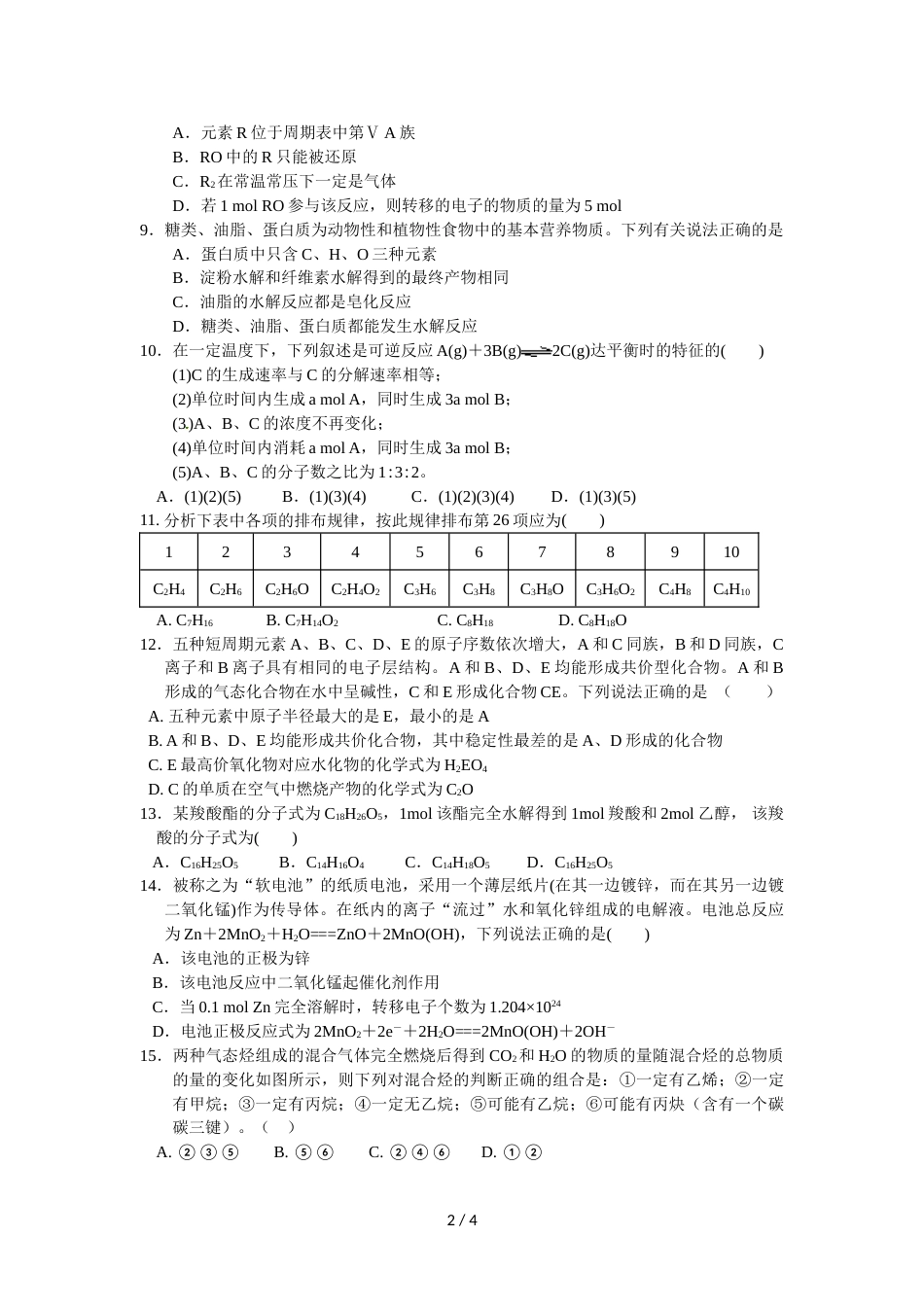 江西省上饶中学高一下学期期中考试化学试卷（零班）_第2页