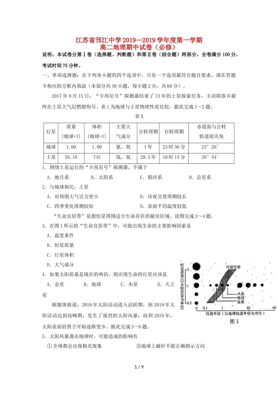 江苏省邗江中学高二地理上学期期中试题（必修）_第1页