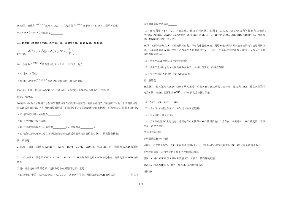 辽宁省大连市高新区上期八年级数学期末试题（无答案）_第2页