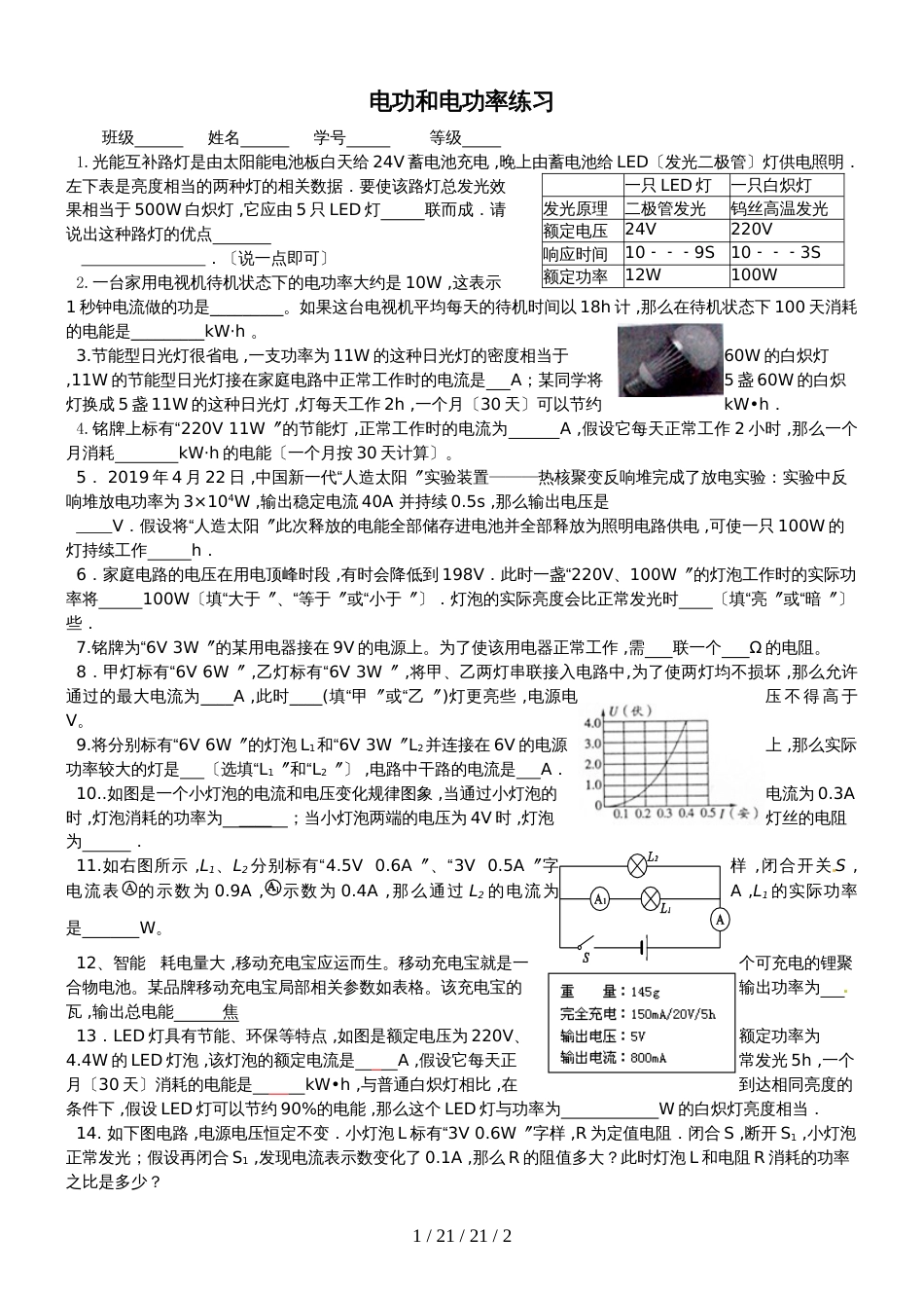 江苏省江都区曹王中学20182019学年九年级物理第15章电功和电功率习题_第1页