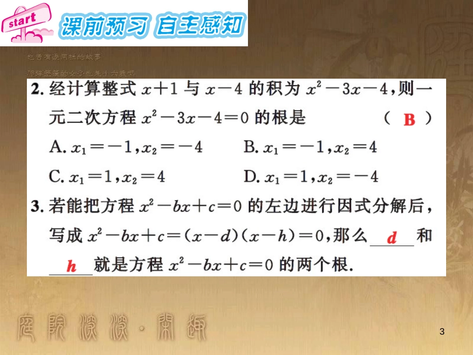 课时夺冠九年级数学上册 2.2.3 因式分解一元二次方程（第1课时）习题集训课件 （新版）湘教版_第3页