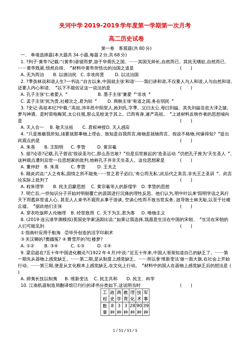 江苏省夹河中学20182019学年高二历史上学期第一次月考（10月）试题_第1页