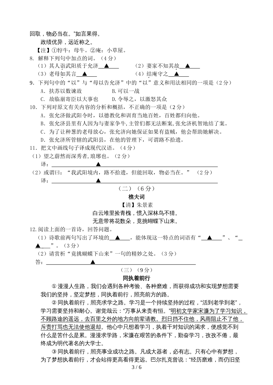 江苏省无锡市天一实验学校九年级上学期期中考试语文试题_第3页