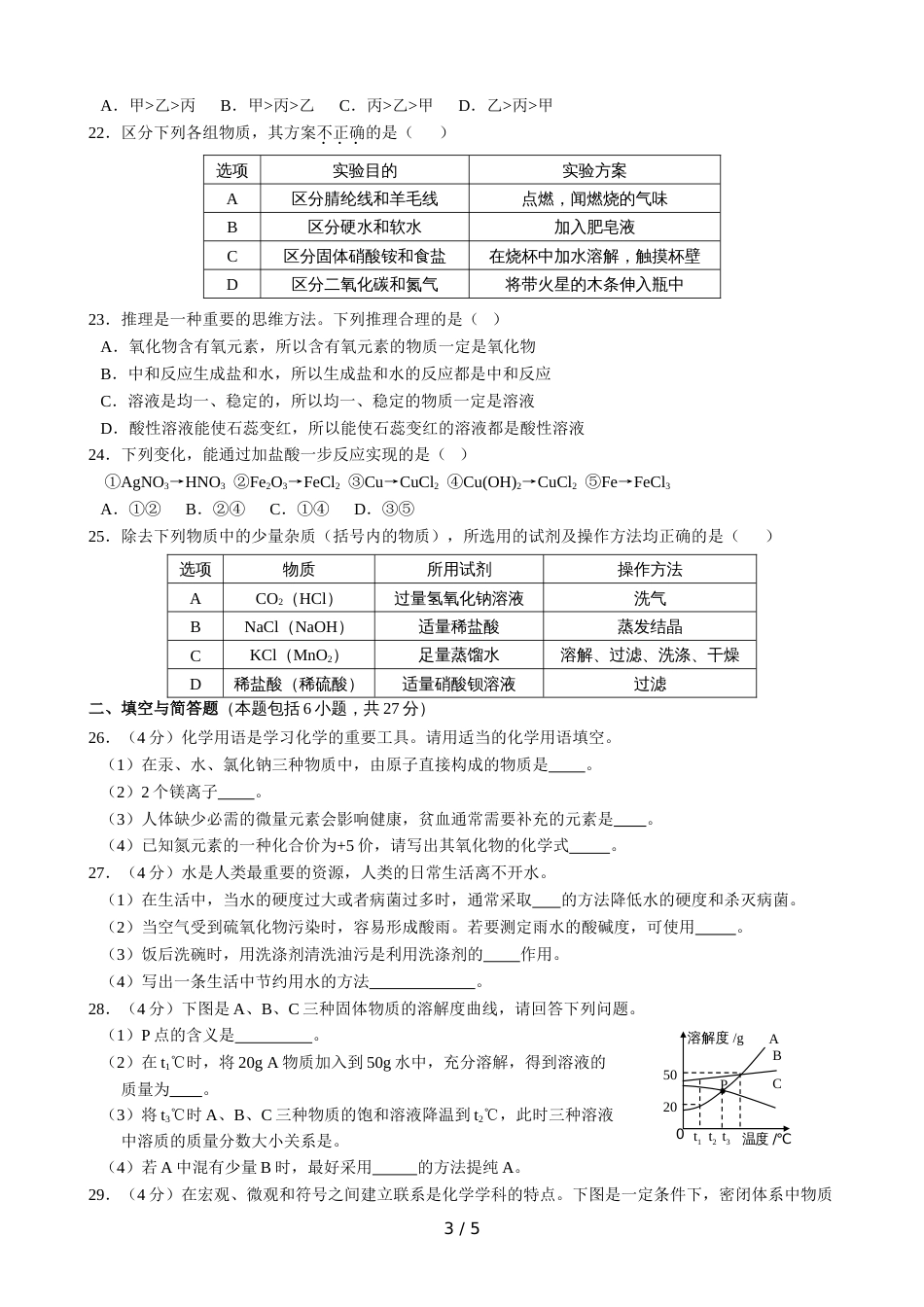 金昌市初中毕业暨高中阶段教育招生考试化学试卷（无答案）_第3页