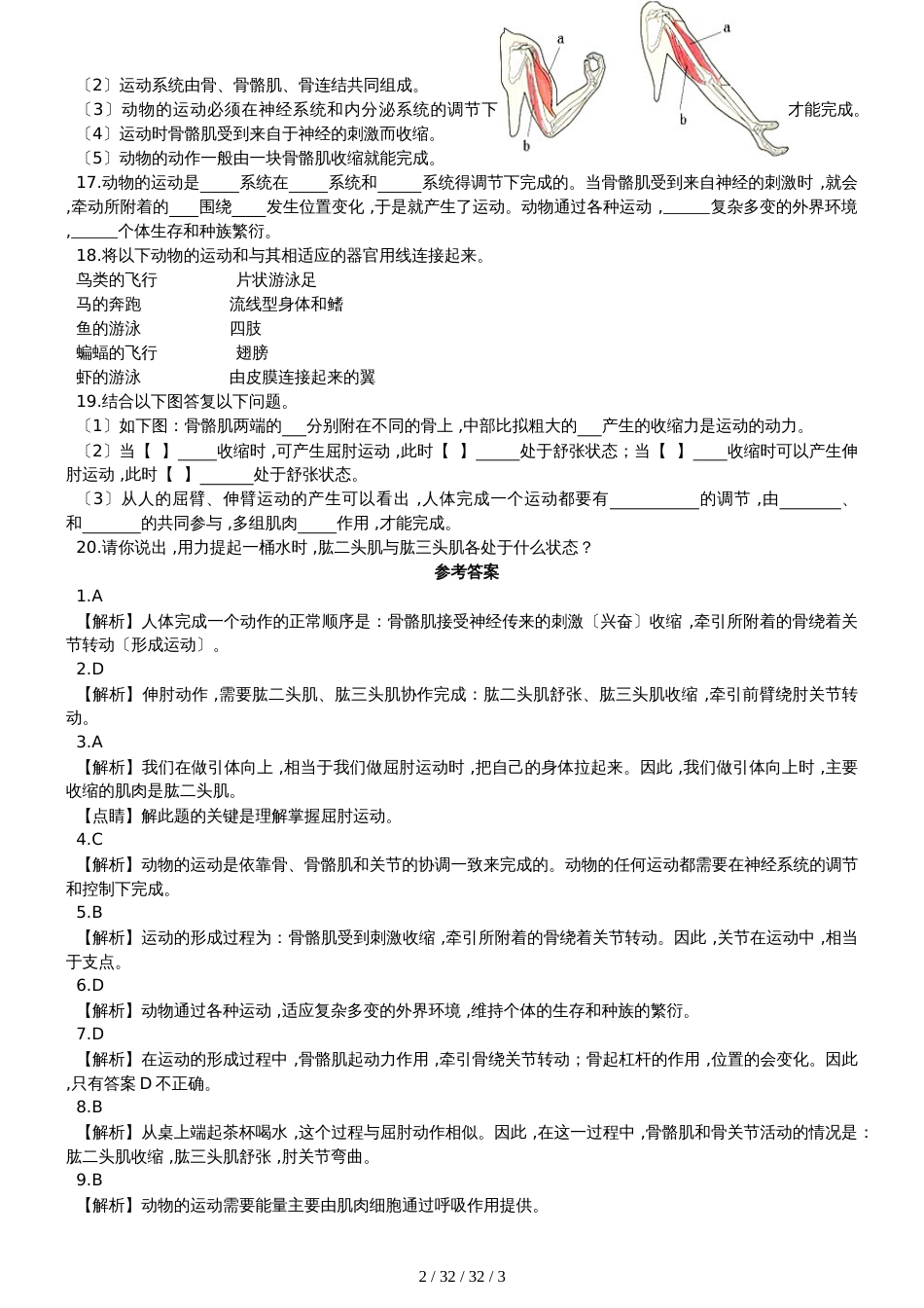 冀教版生物八年级上册4.1.2运动的完成练习_第2页