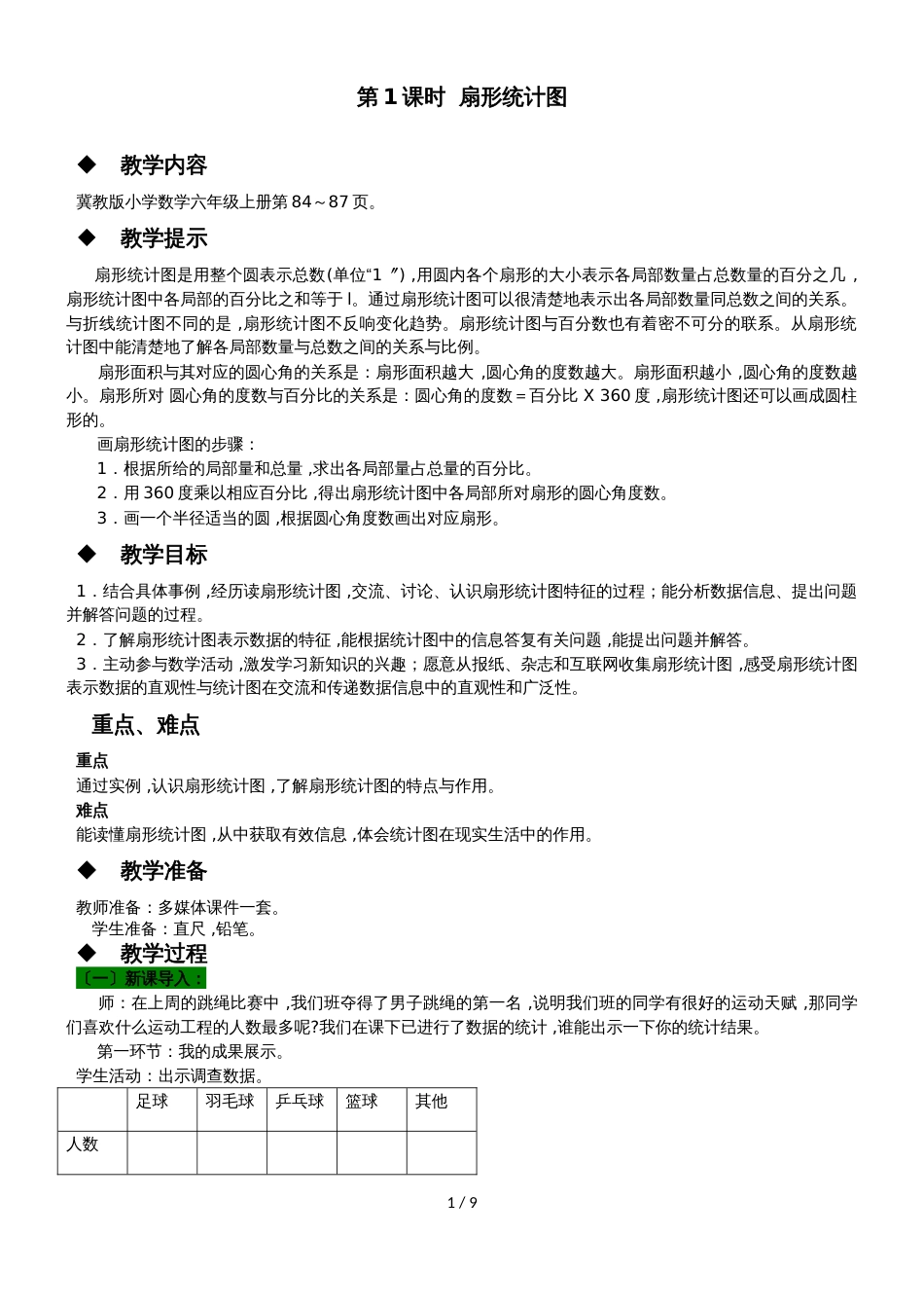 六年级上册数学教案第七单元 第1课时 扇形统计图 冀教版_第1页