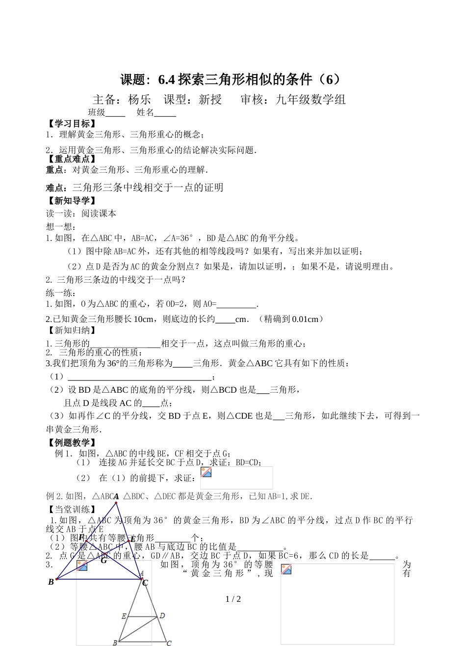 江苏省镇江实验学校九年级中考数学复习教学案：6.4探索三角形相似的条件（6）（无答案）_第1页