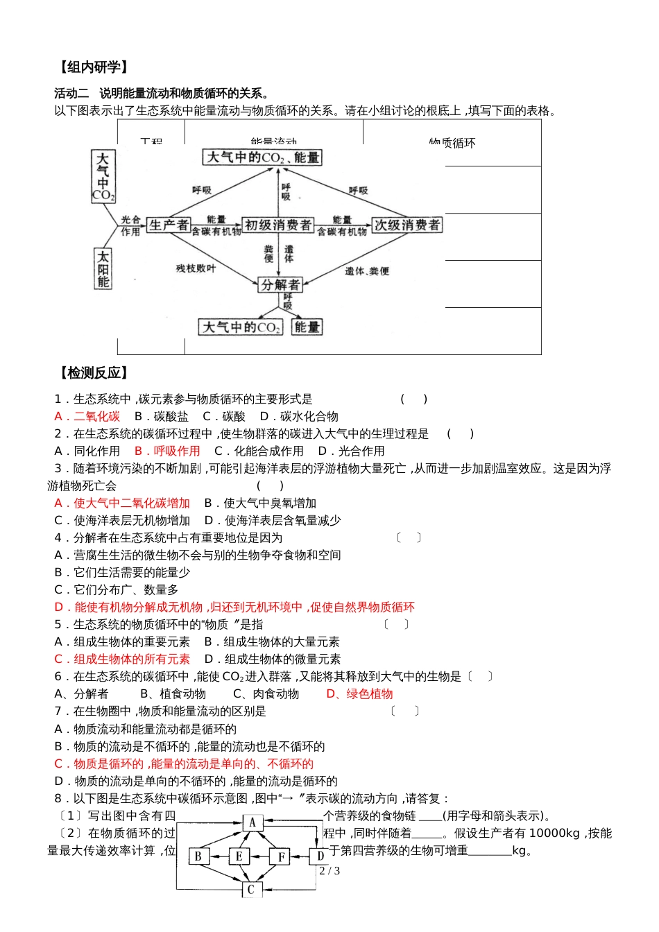 江苏省南通中学高中生物必修三学案（无答案）：5.3生态系统的物质循环_第2页