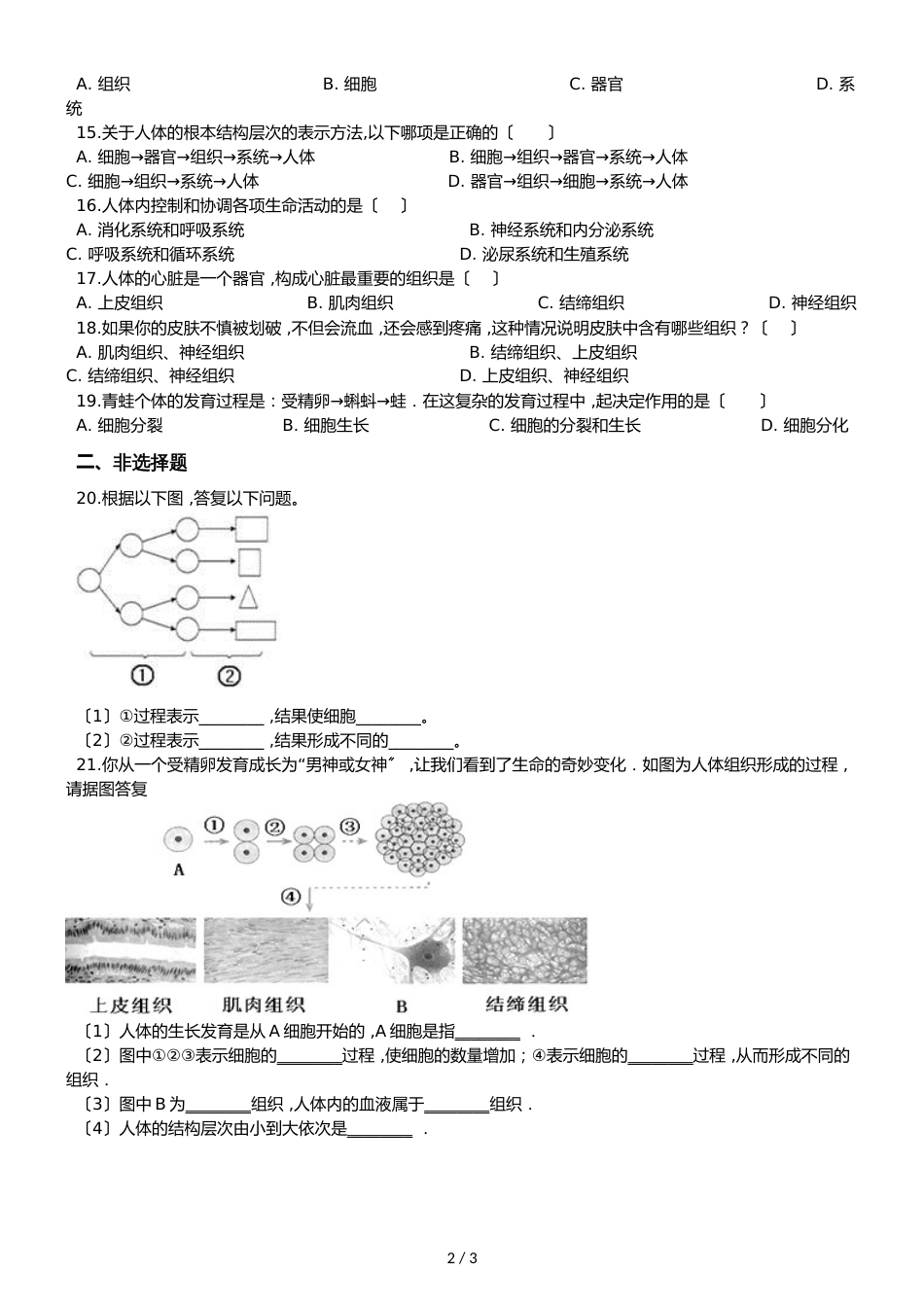 京改版七年级上册生物第三章生物体的结构 第二节 生物体同步测试题（无答案）_第2页