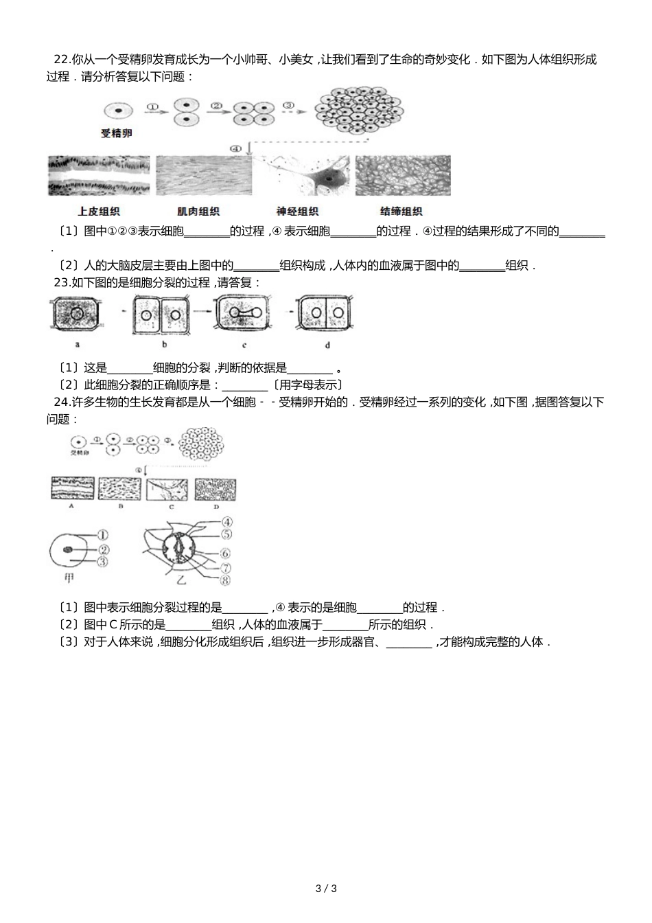 京改版七年级上册生物第三章生物体的结构 第二节 生物体同步测试题（无答案）_第3页