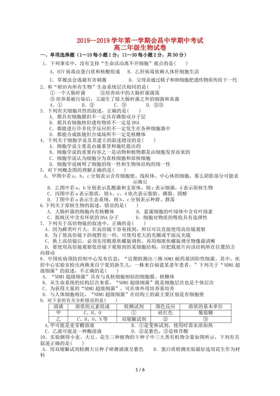 江西省会昌中学高二生物上学期期中试题_第1页