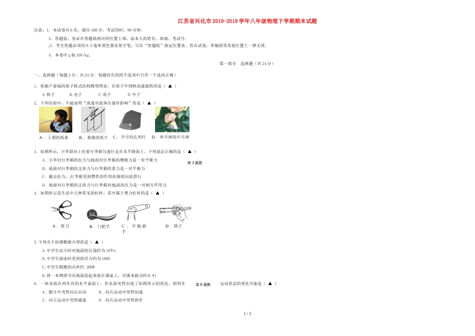 江苏省兴化市八年级物理下学期期末试题_第1页