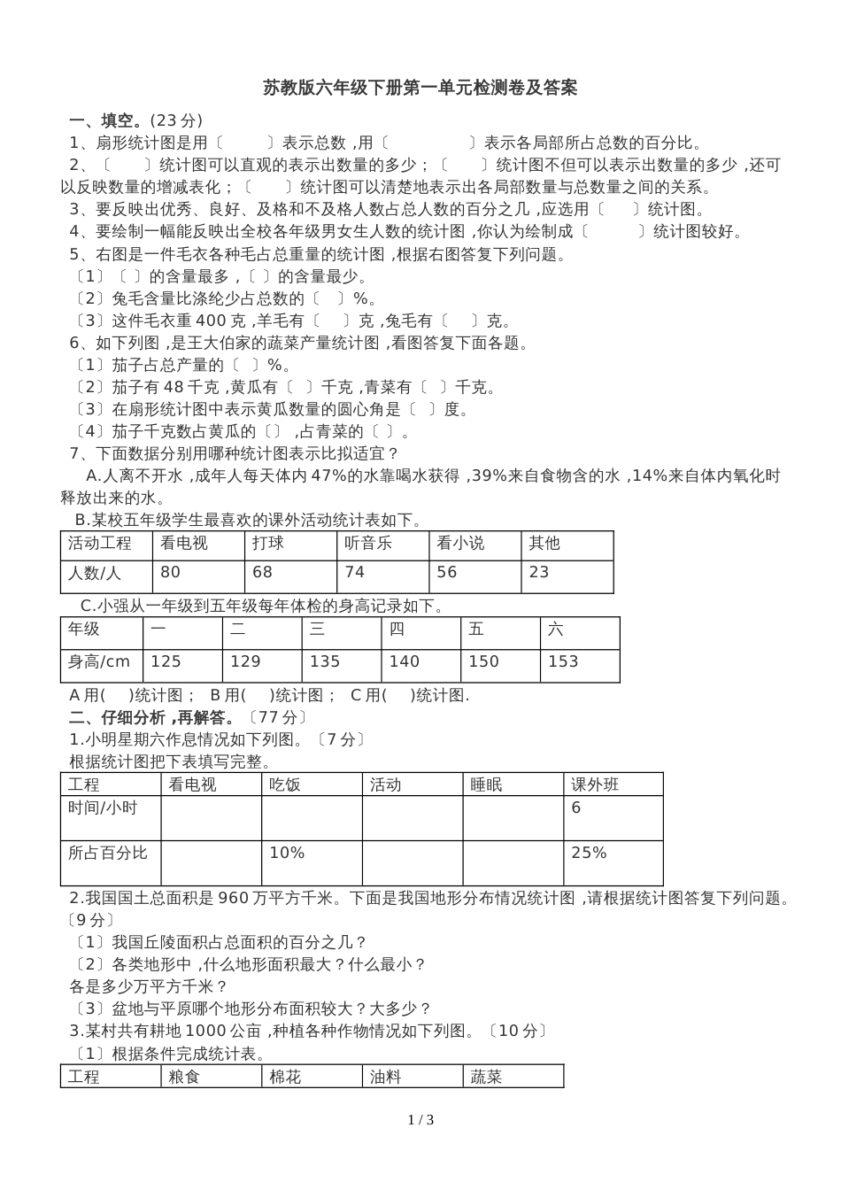 六年级下册数学单元测试第一单元检测卷 苏教版_第1页