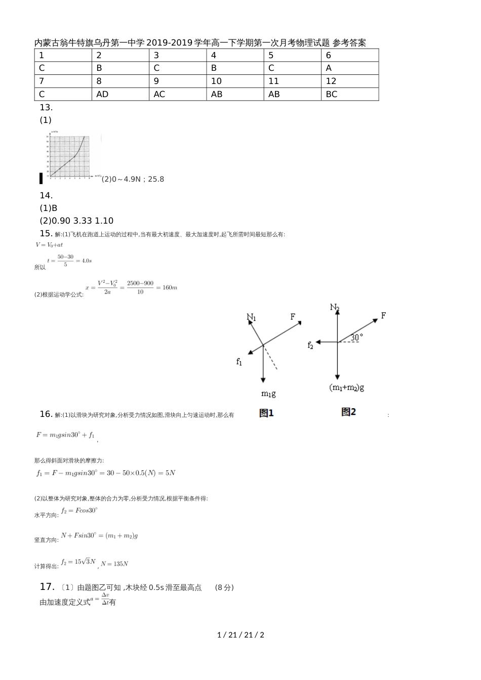 内蒙古翁牛特旗乌丹第一中学20182018学年高一下学期第一次月考物理试题 参考答案_第1页