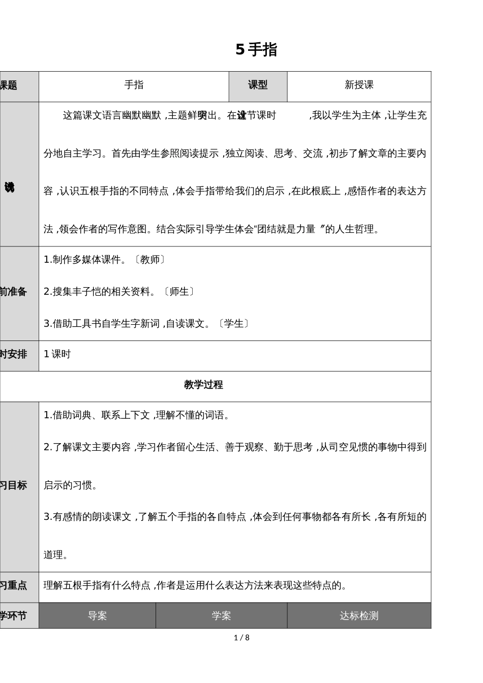 六年级下册语文导学案5 手指_人教新课标（无答案）_第1页