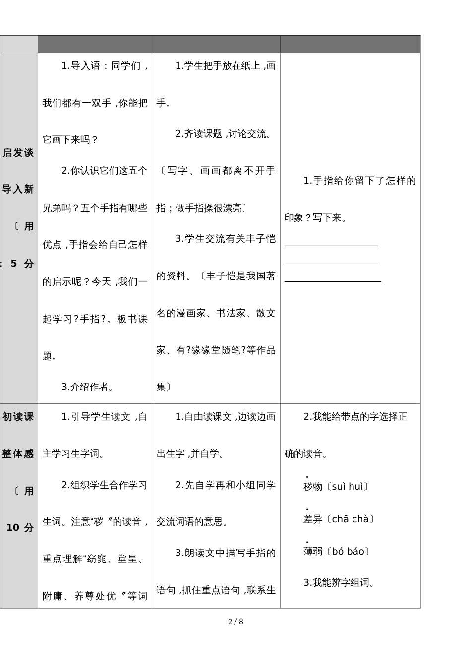 六年级下册语文导学案5 手指_人教新课标（无答案）_第2页