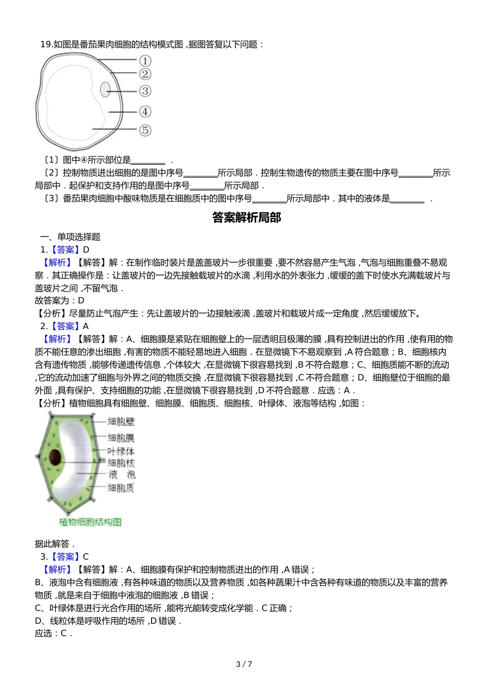 鲁教版五四制六年级上册生物 2.1.2观察植物细胞 同步测试_第3页