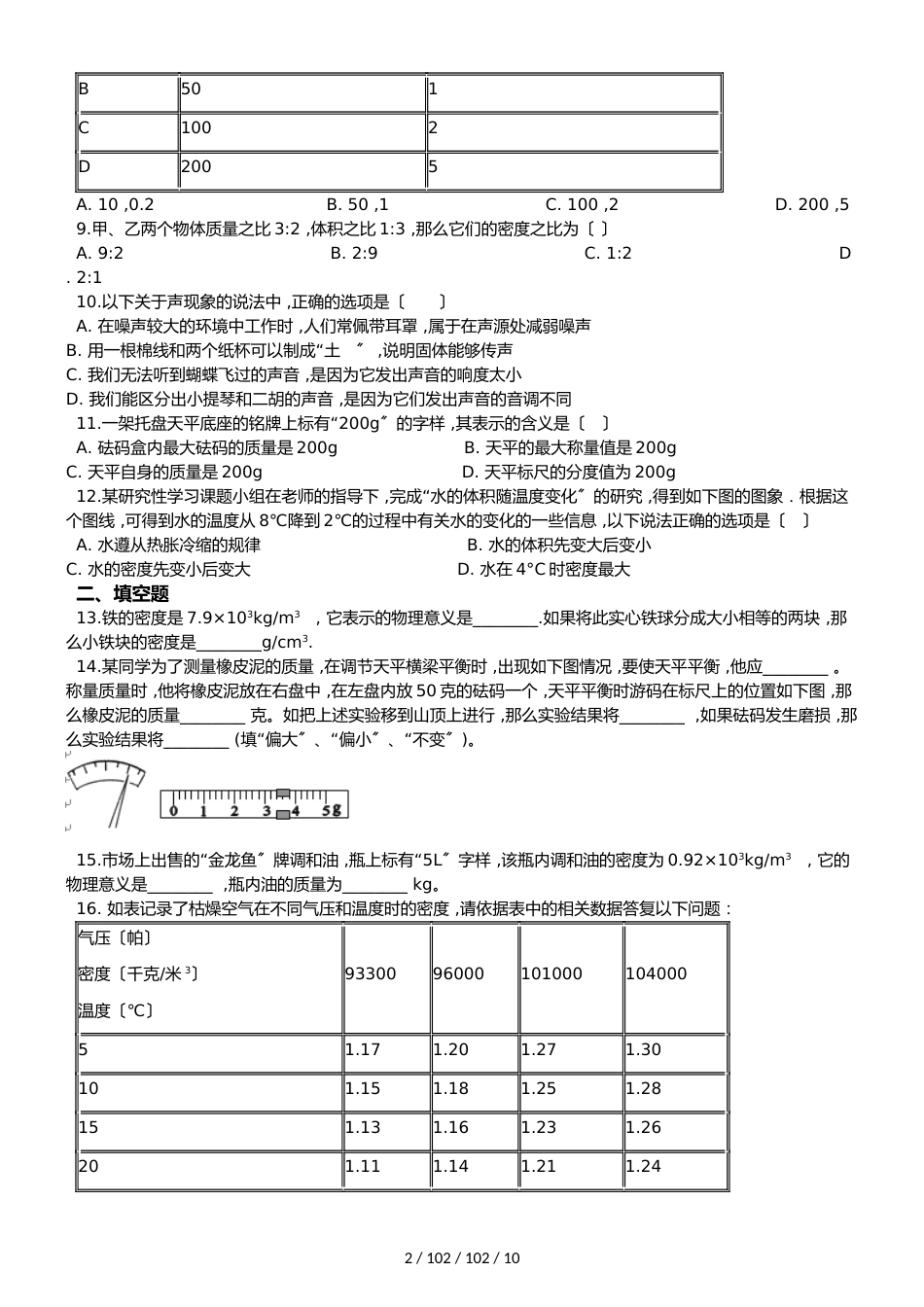鲁教版八年级上册物理第五章 质量和密度单元练习题_第2页