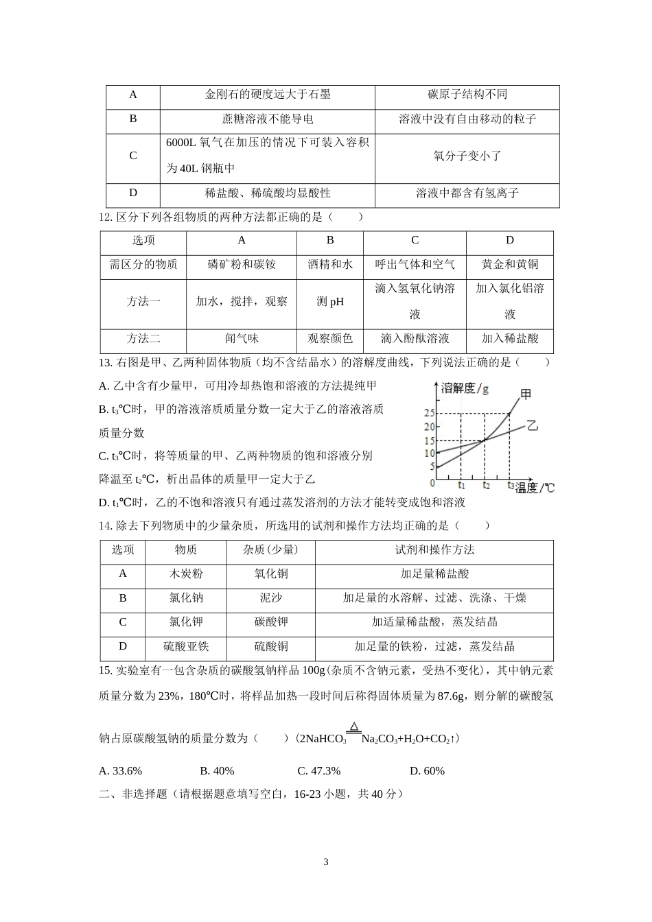 清晰版哈尔滨市中考化学试题及答案_第3页