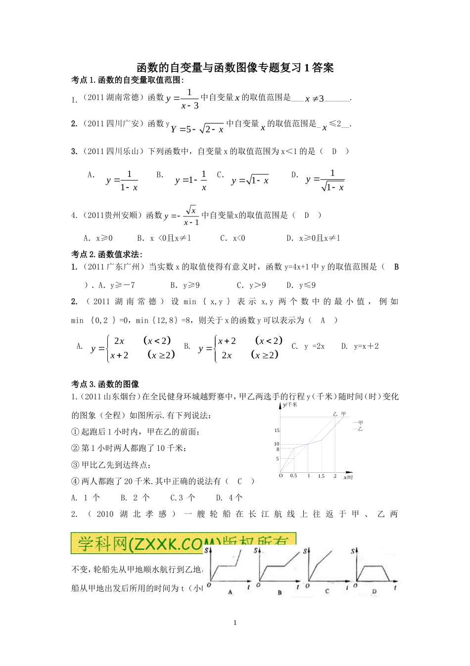 函数的自变量与函数图像专题有答案_第1页