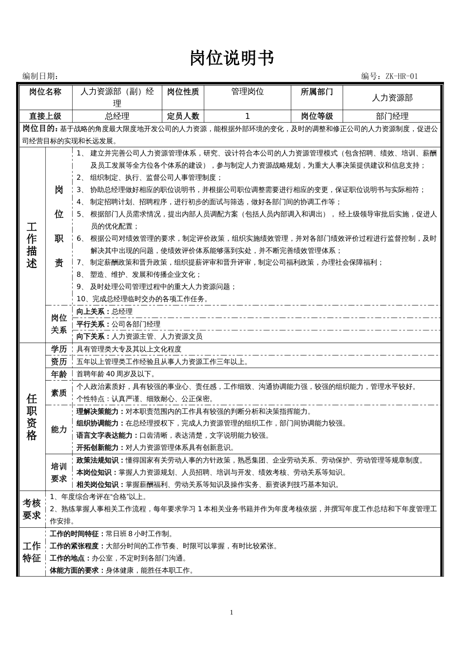 人力资源经理岗位说明书[共3页]_第1页