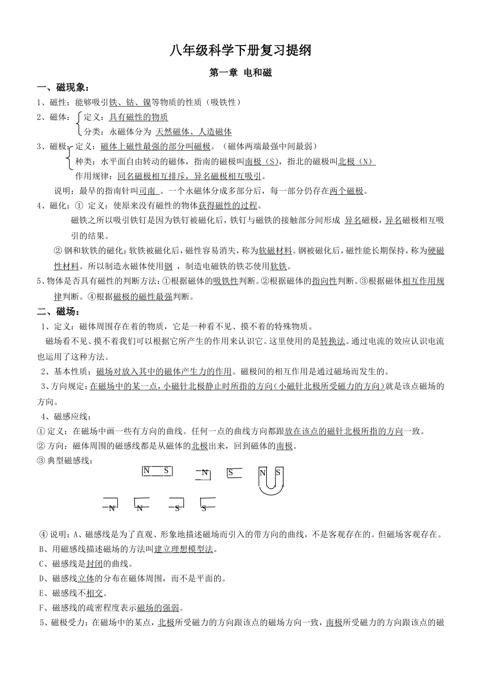 浙教版八年级下册科学复习提纲要点_第1页