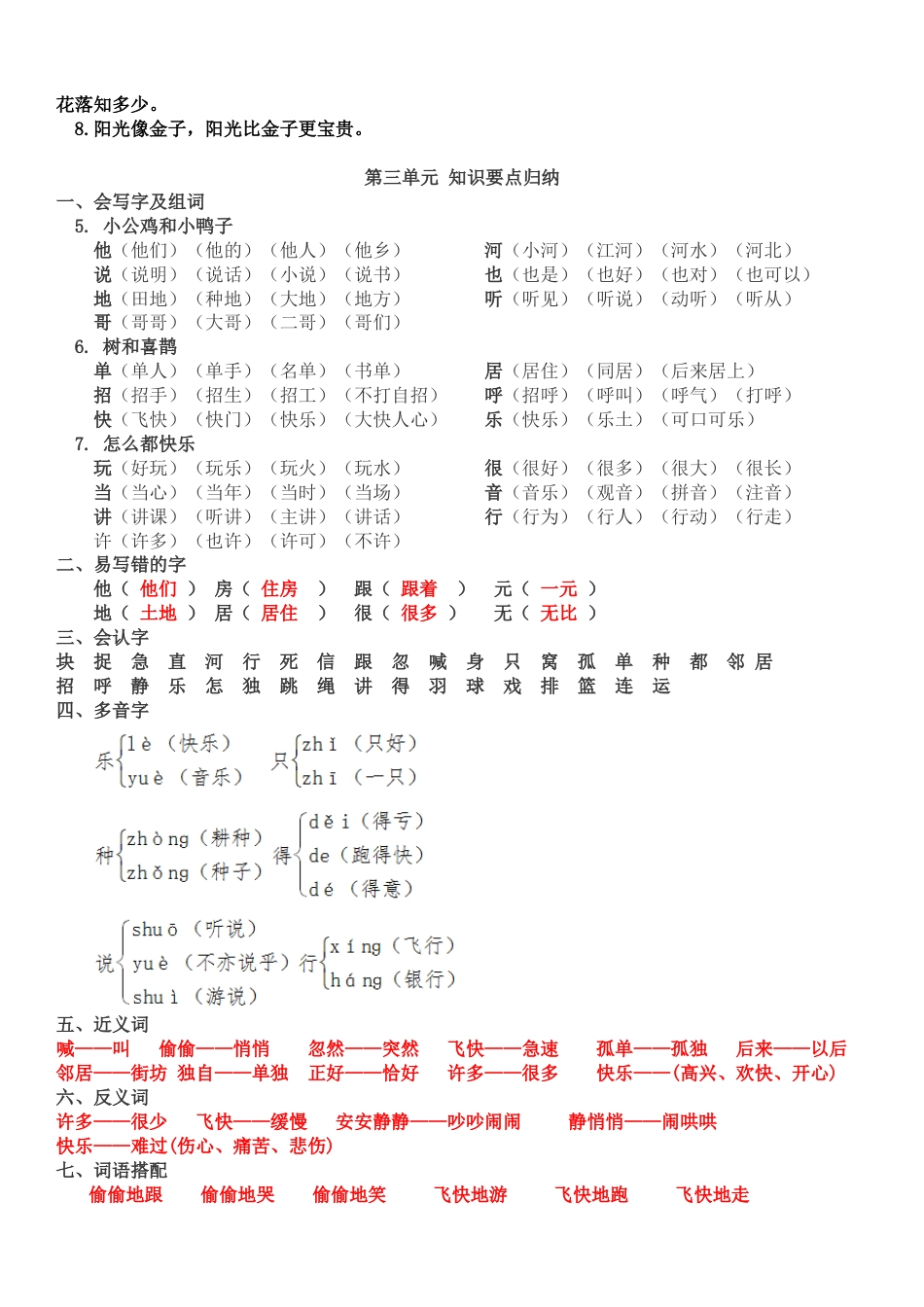 部编版一年级语文下册各单元复习要点_第3页