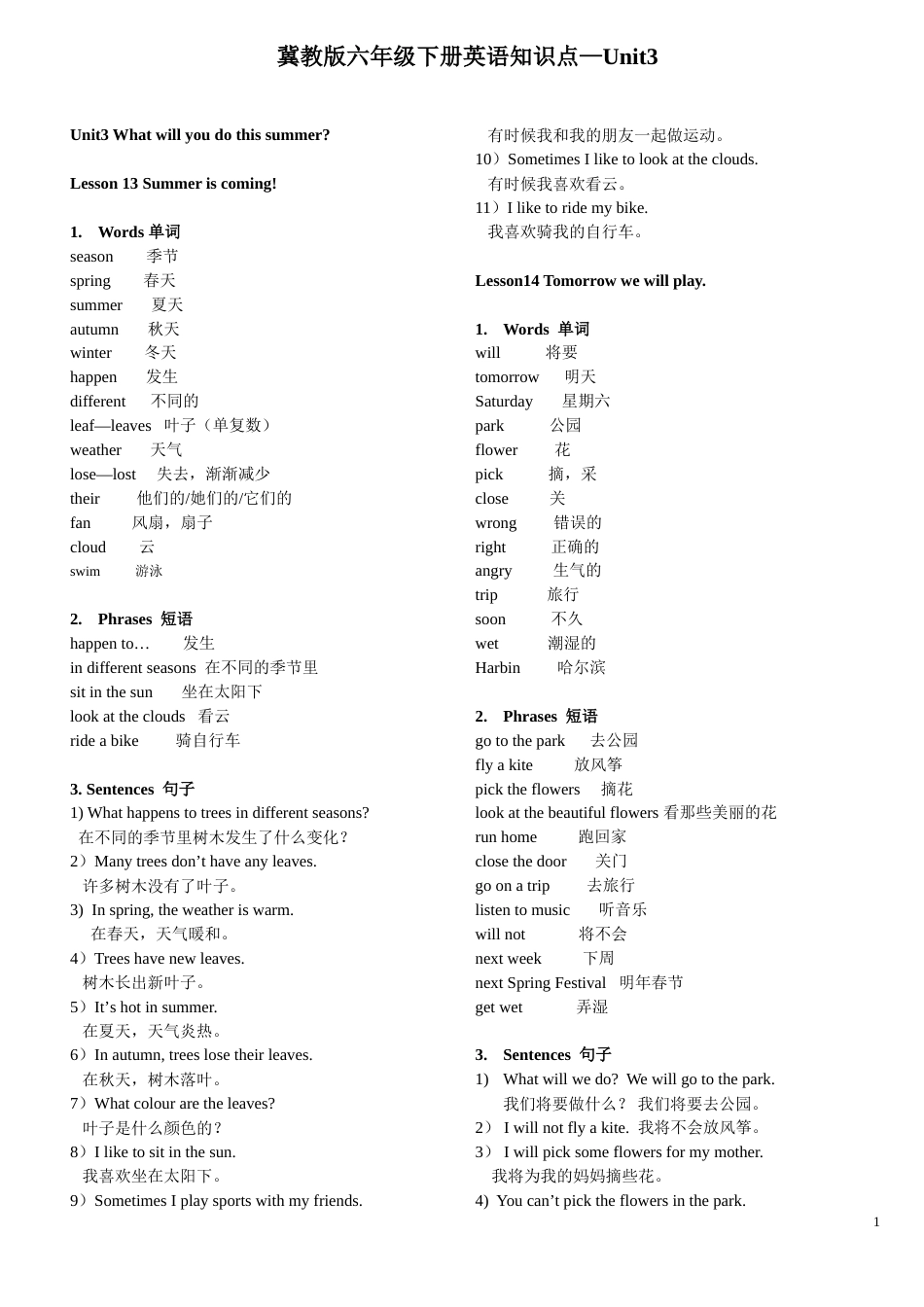 冀教版六年级下册英语知识点UNIT3[共4页]_第1页