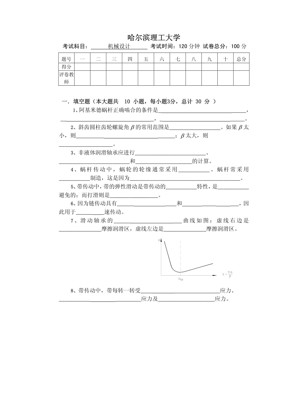 哈尔滨理工大学机械设计试卷含答案_第1页