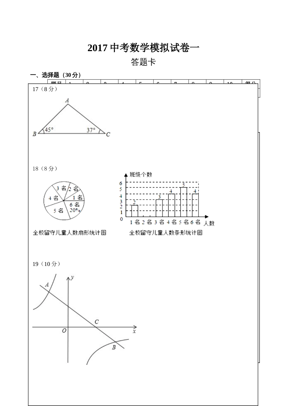 2017中考数学模拟试卷一附答题卡_第1页