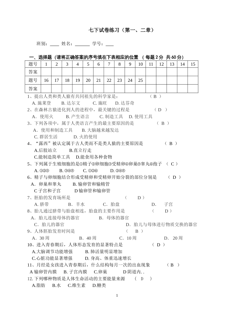 七年级生物下册单元测试题第一、二章含答案_第1页