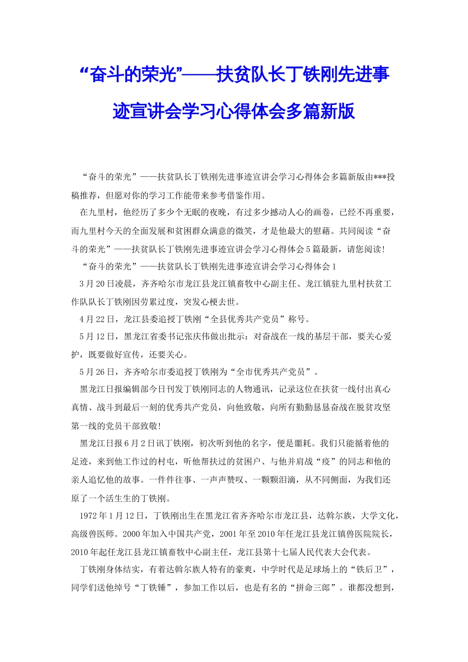 “奋斗的荣光”——扶贫队长丁铁刚先进事迹宣讲会学习心得体会多篇新版[共28页]_第1页