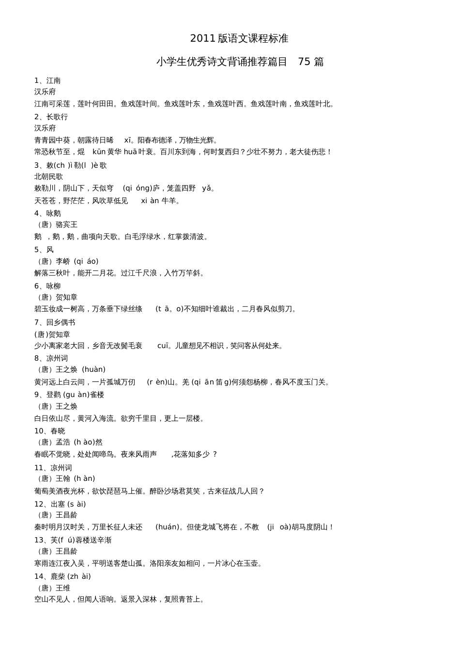 2011版语文课标小学生优秀诗文背诵推荐篇目3793_第1页