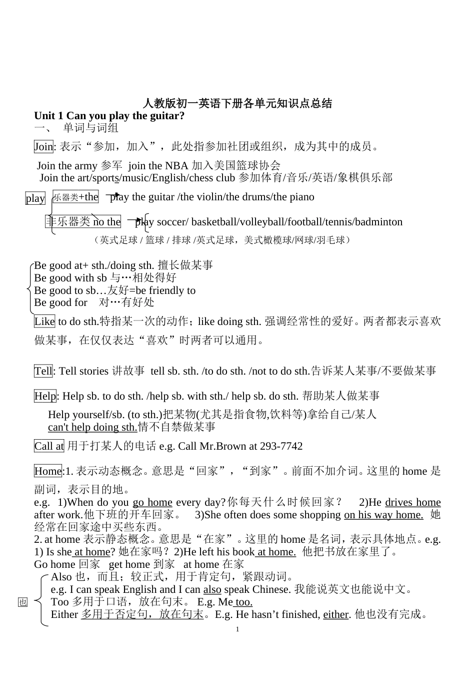 人教版初一英语下册各单元知识点总结[共12页]_第1页