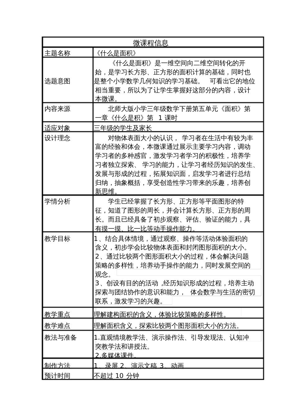 小学数学北师大2011课标版三年级《什么是面积》微课设计方案_第2页