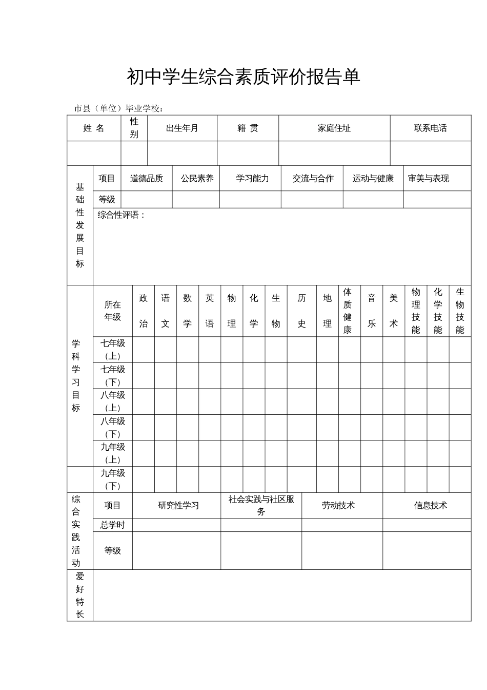 初中学生综合素质评价报告单[共2页]_第1页