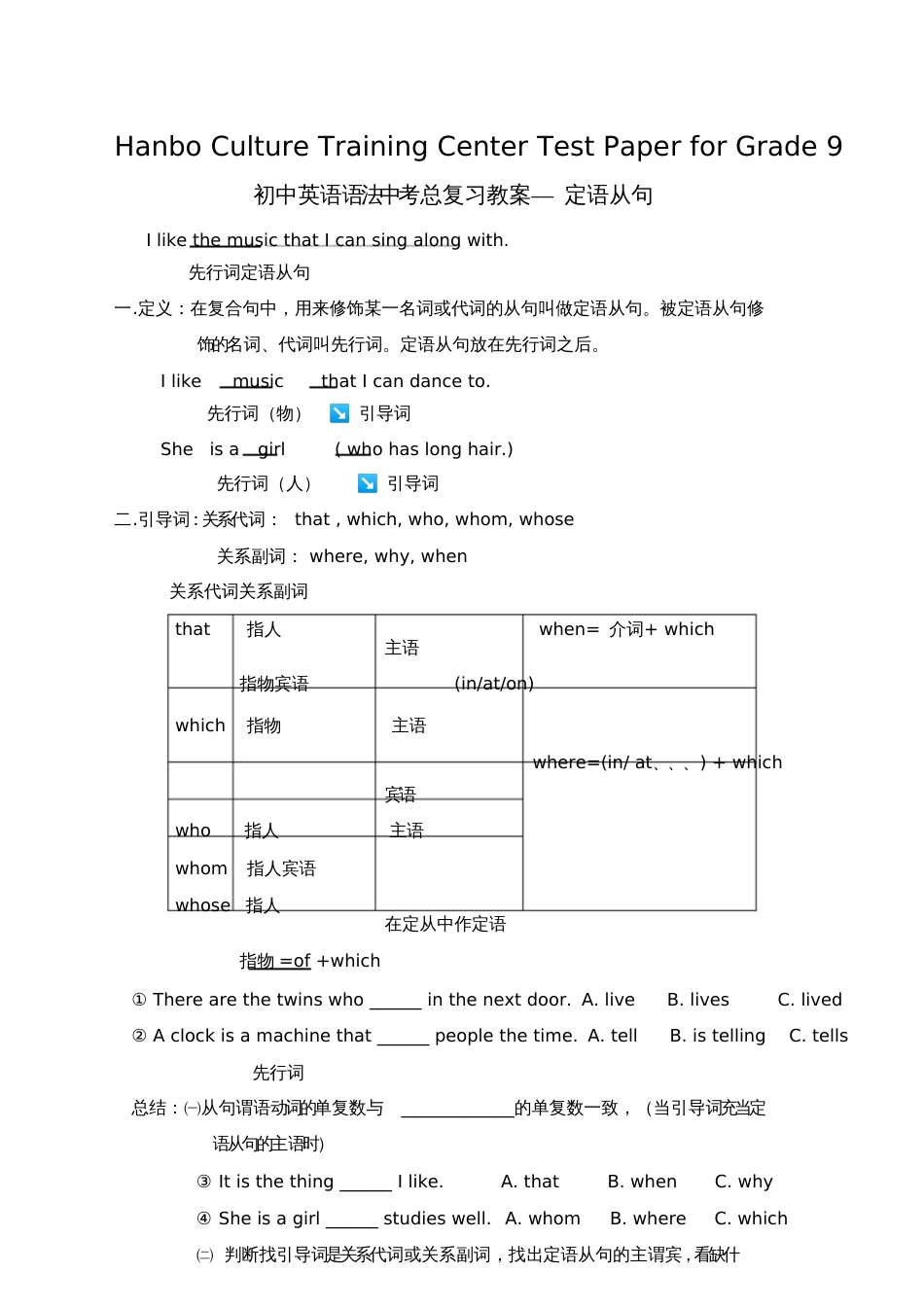 初中英语语法中考总复习教案—定语从句[共8页]_第1页