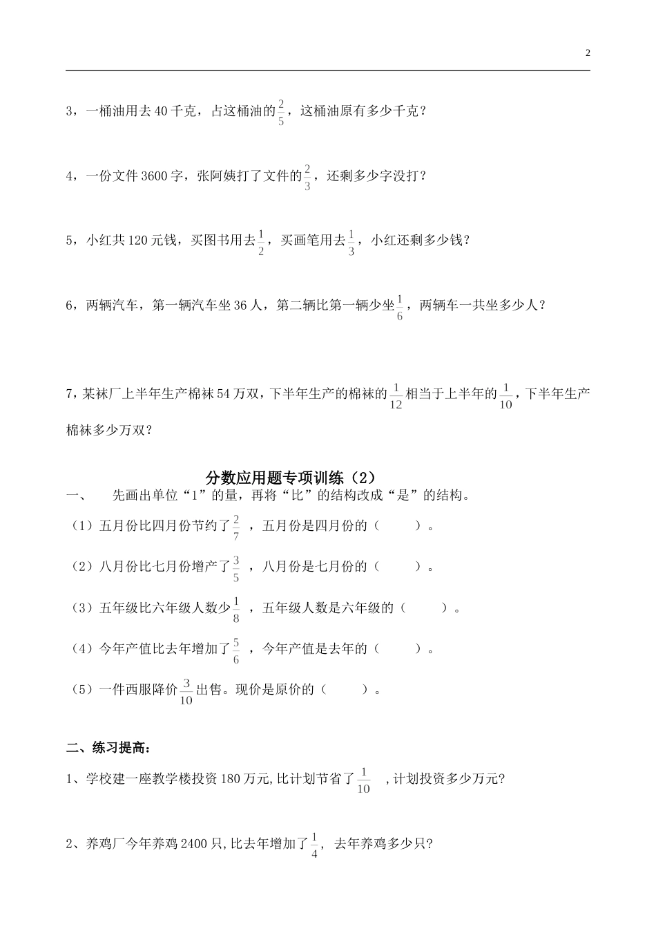 六年级数学分数应用题专项训练经典_第2页