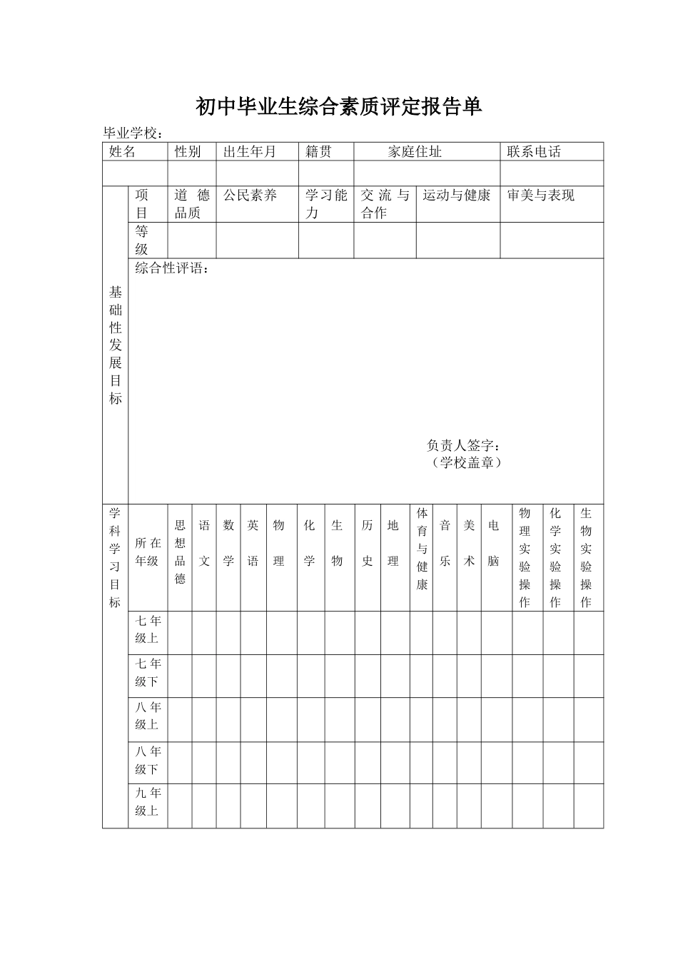 初中学生综合素质评定报告单[共4页]_第1页