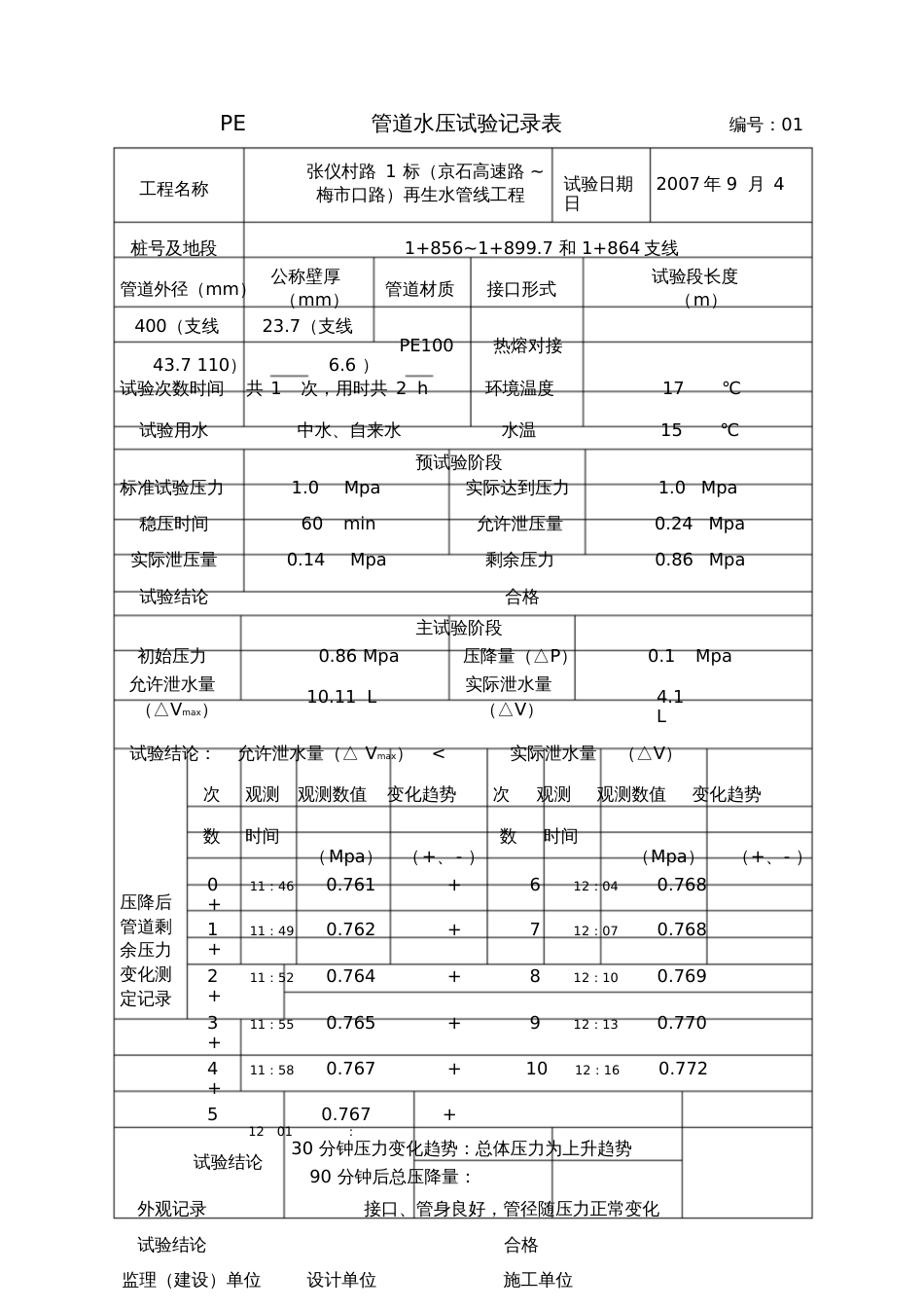 PE管水压试验记录_第1页