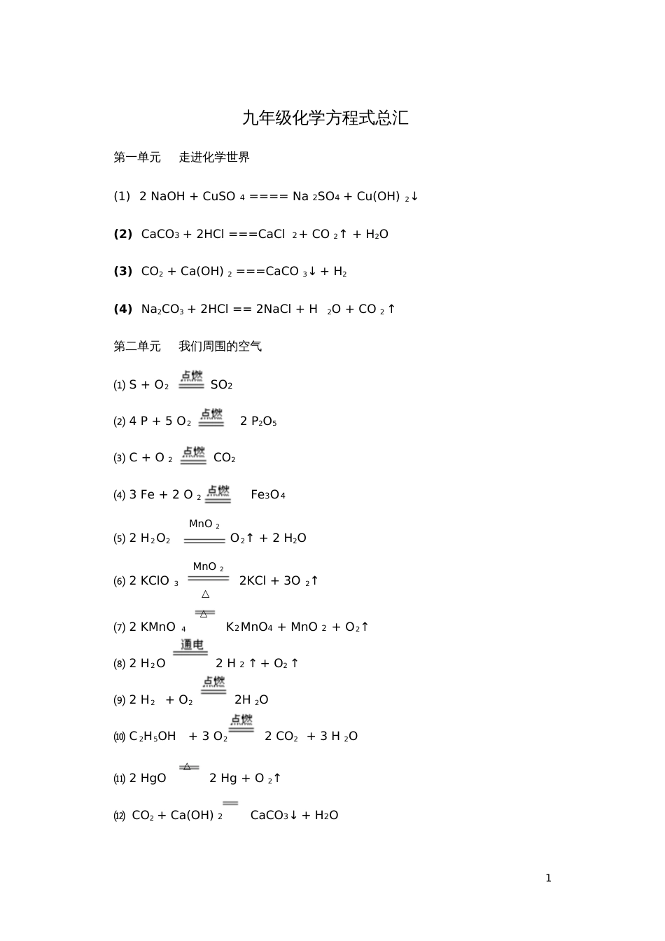 人教版九年级化学各单元化学方程式汇总_第1页