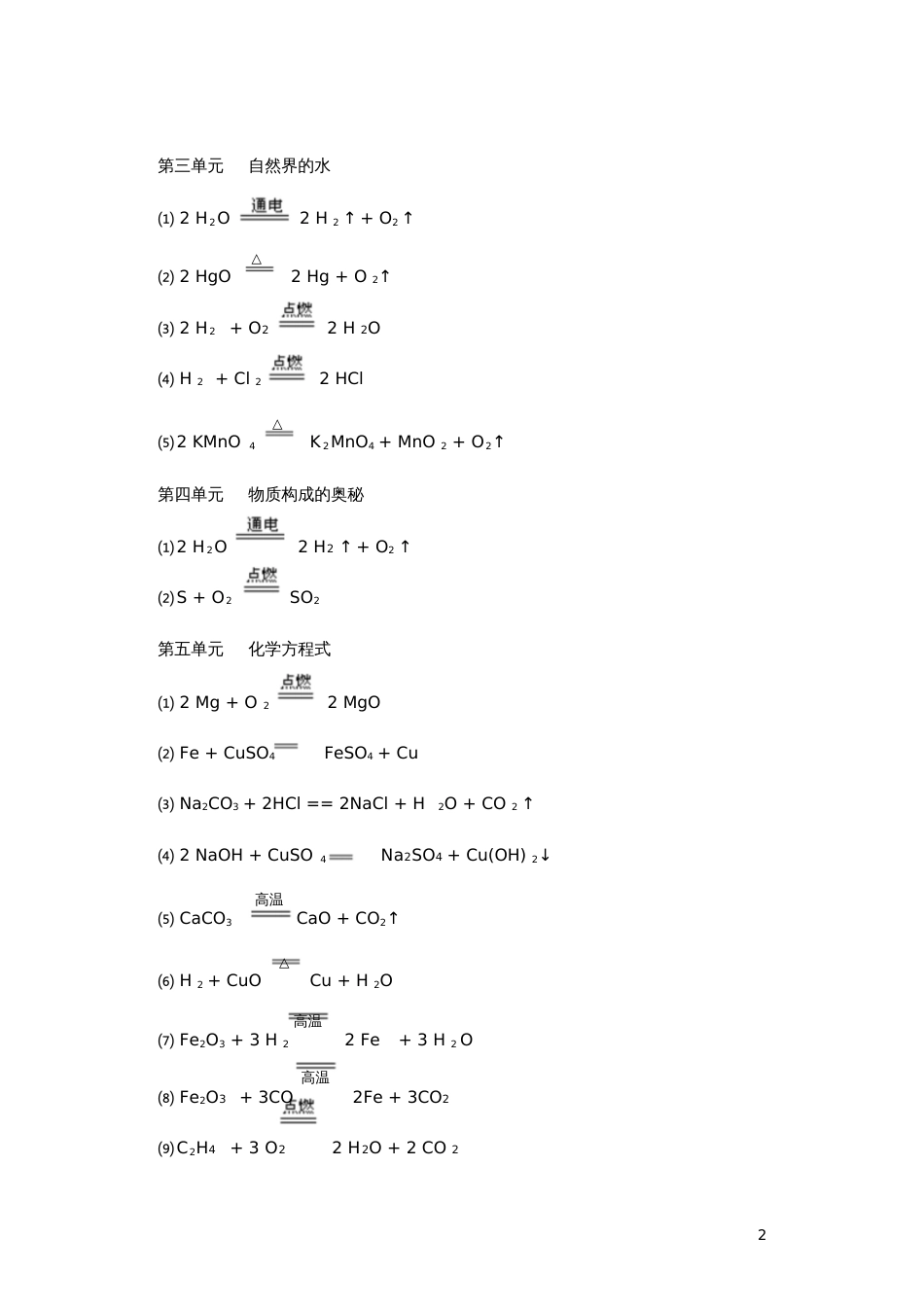 人教版九年级化学各单元化学方程式汇总_第2页