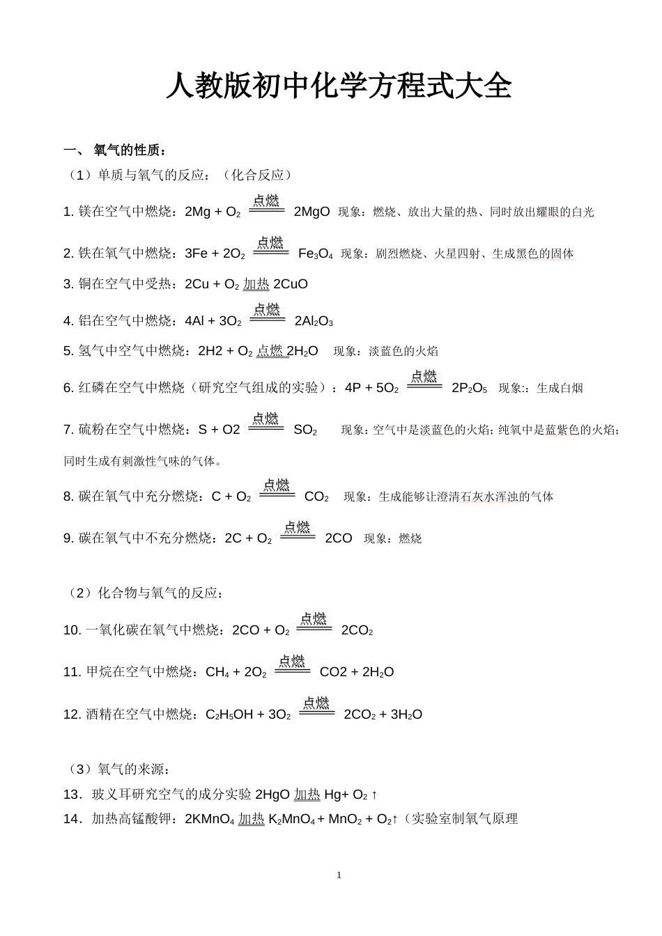 人教版初中化学方程式大全中考复习资料[共7页]_第1页