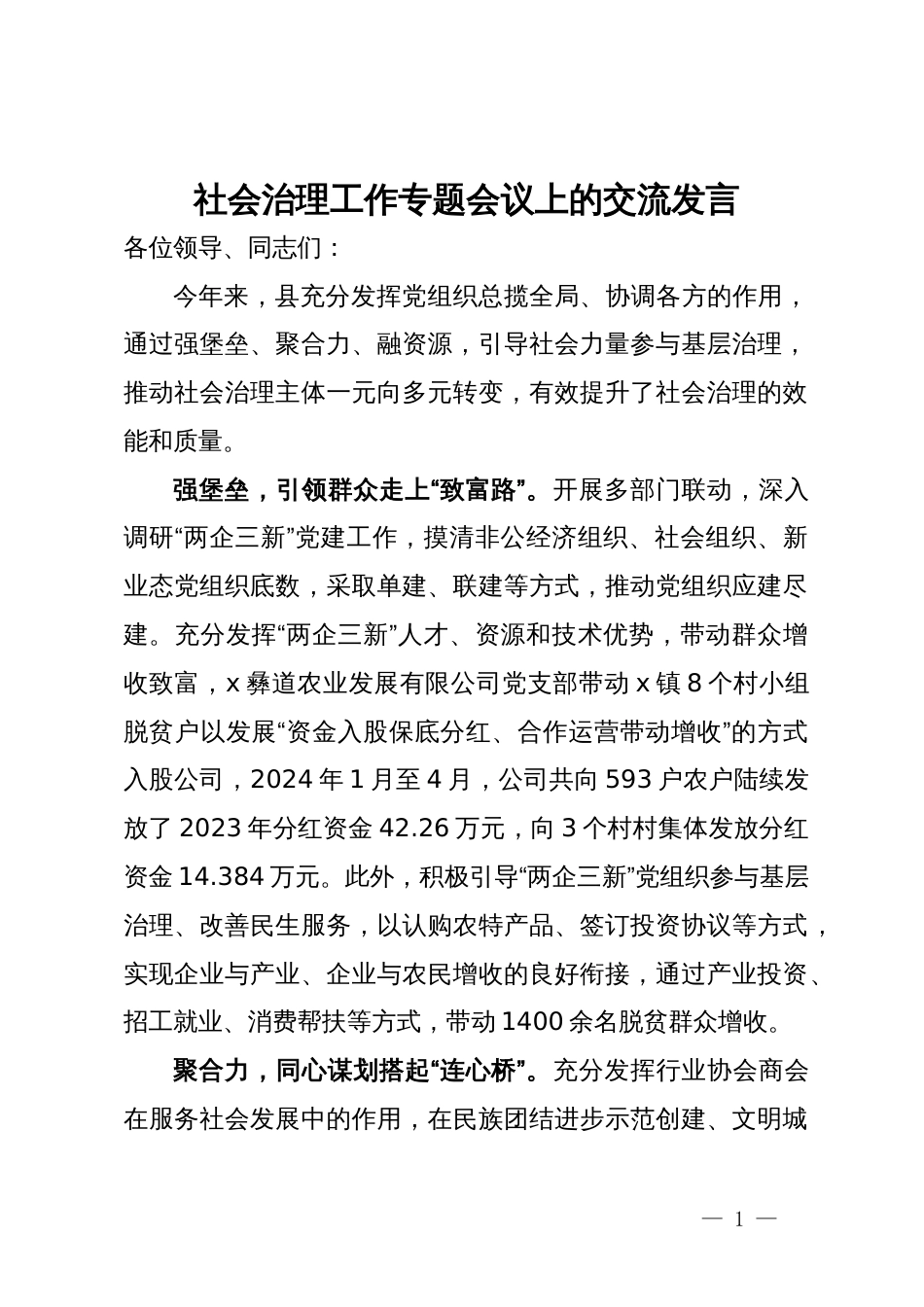 社会治理工作专题会议上的交流发言_第1页